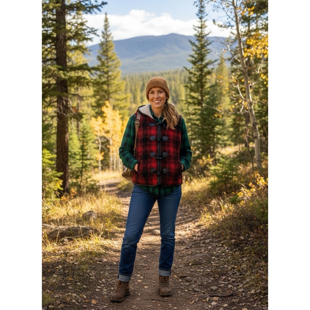 Cabin Core Adventure SizePL Women's red/black hooded faux sherpa lined vest 0211